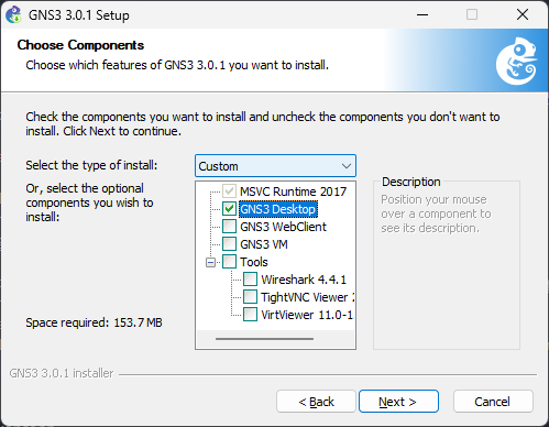 Options d&#39;installation pour l&#39;interface graphique de GNS3.