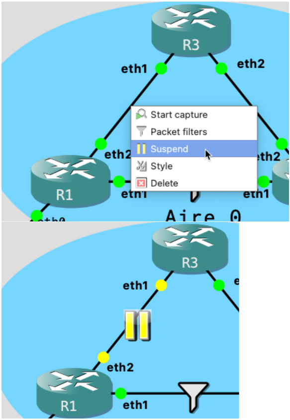 La fonction Suspend permet de désactiver temporairement le lien entre R1 et R3.