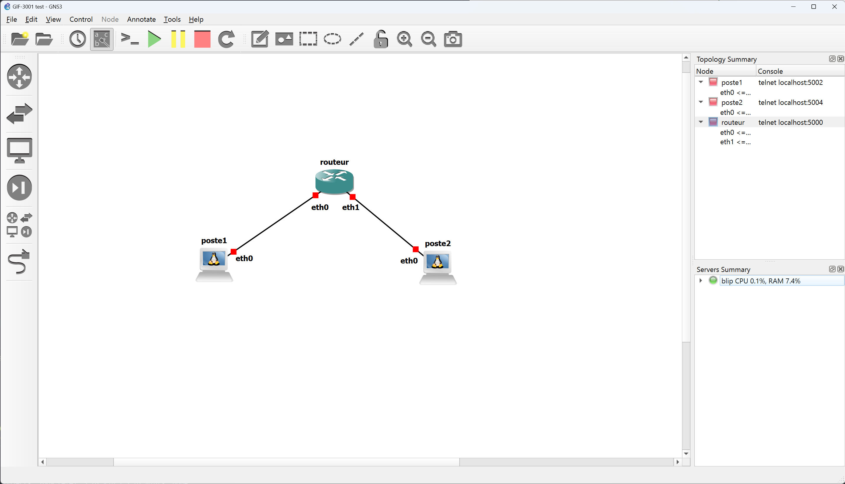 Topologie GNS3. Deux postes connectés par un routeur. Le poste 1 est connecté à l&#39;interface \texttteth0 du routeur et le poste 2 est connecté à l&#39;interface \texttteth1.